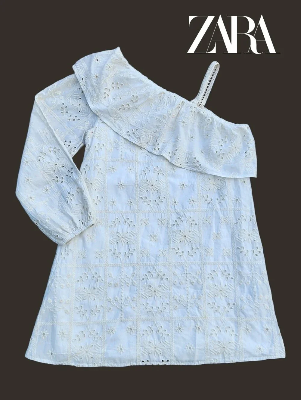 Zara Girls Kids One Shoulder Dress Eyelet Lace 100% Cotton Size 11/12 -Years old - Picture 5 of 15